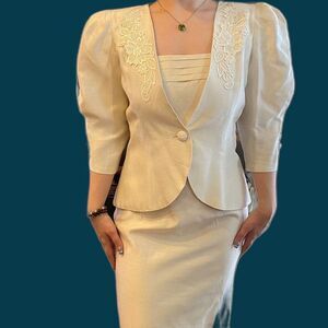 Vintage Cachet sheath/Peplum jacket, ivory, pleated bodice embroidery USA 12/14
